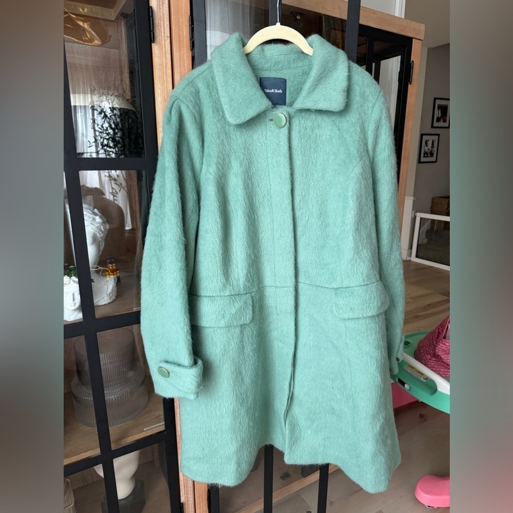 Modcloth coat jacket plus size lapel textured mint sage buttons midi curve pea